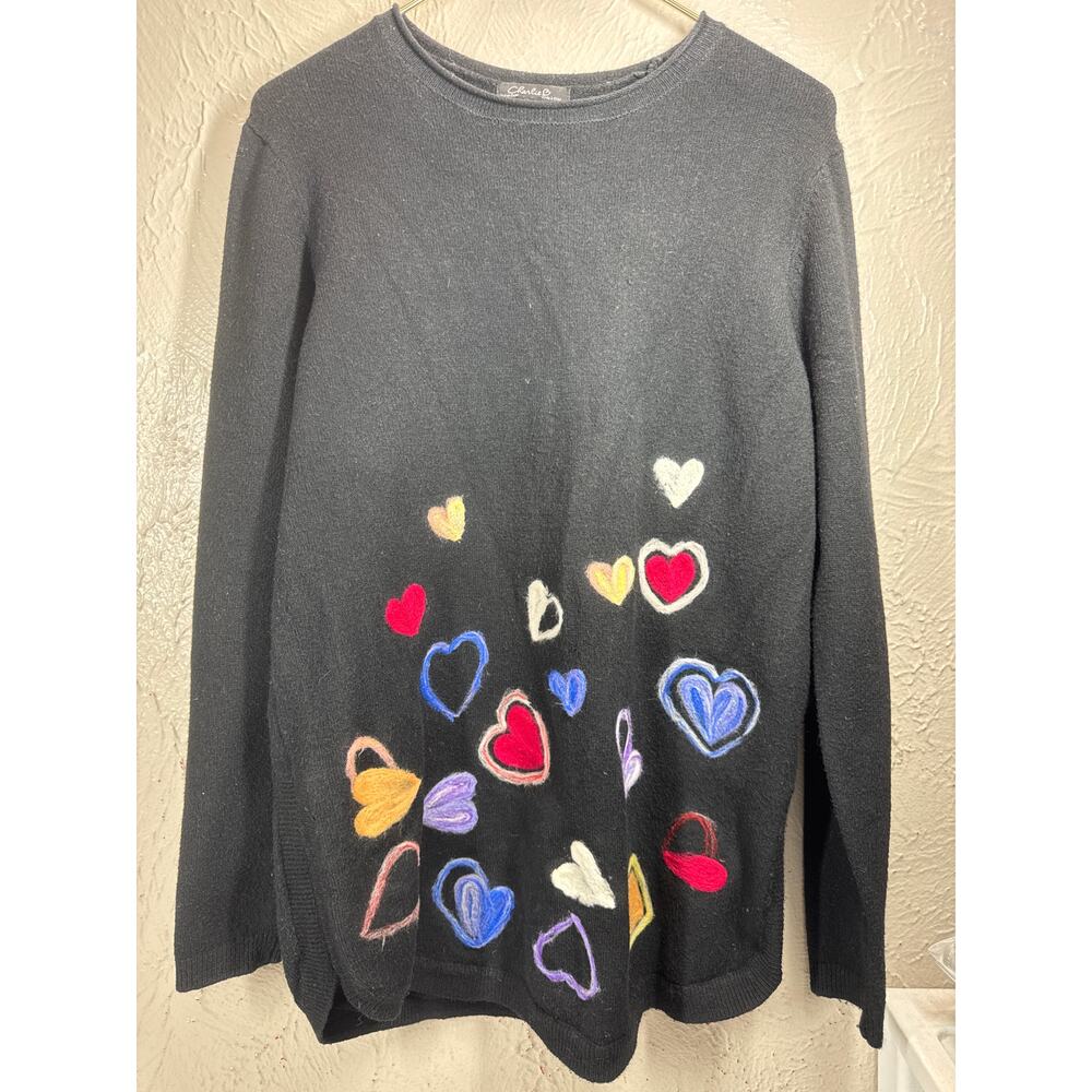Charlie B Womens Black Sweater Hearts Embroidered‎ Side Slit Size Small